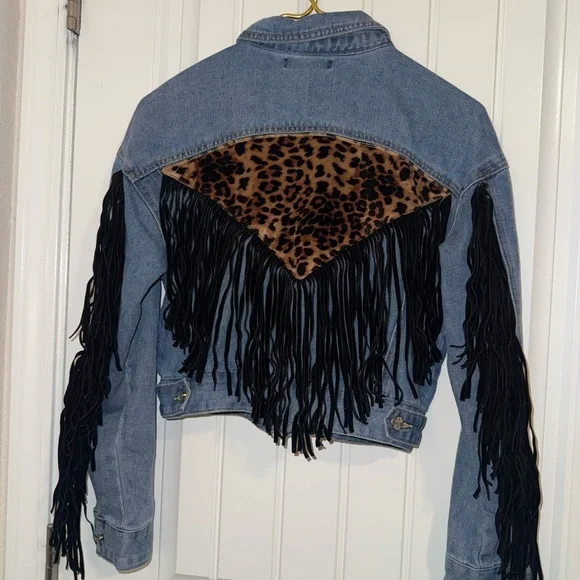 SHEIN Jean Jacket Blue and Black with Fringe and Animal Print - Picture 8 of 13